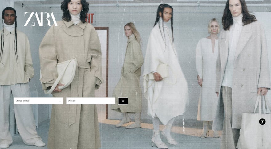 Zara Zara page with women and men wearing beige winter jackets