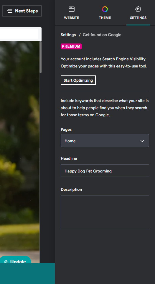 GoDaddy seo a dark menu designed for putting in seo info