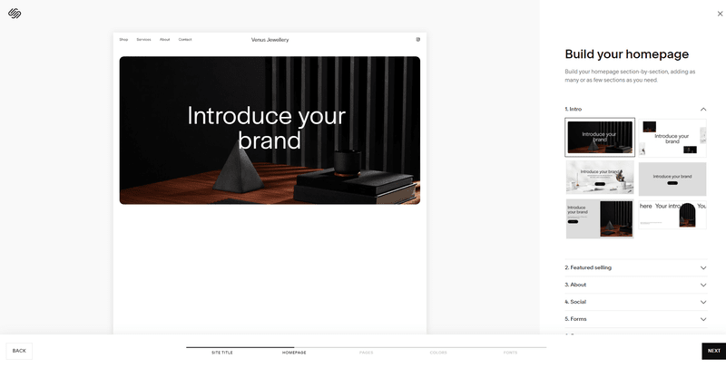 Squarespace Blueprint squarespace website template designer with list of option in menu on the right