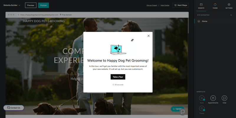 GoDaddy editor a pop-up in an editor asking users to take a tour