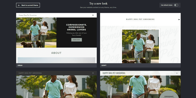 GoDaddy theme chooser A selection of slightly different themes with a couple walking dogs
