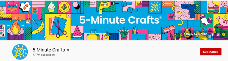 5-Minute Crafts YouTube channel name screenshot YouTube channel header for 5-Minute Crafts