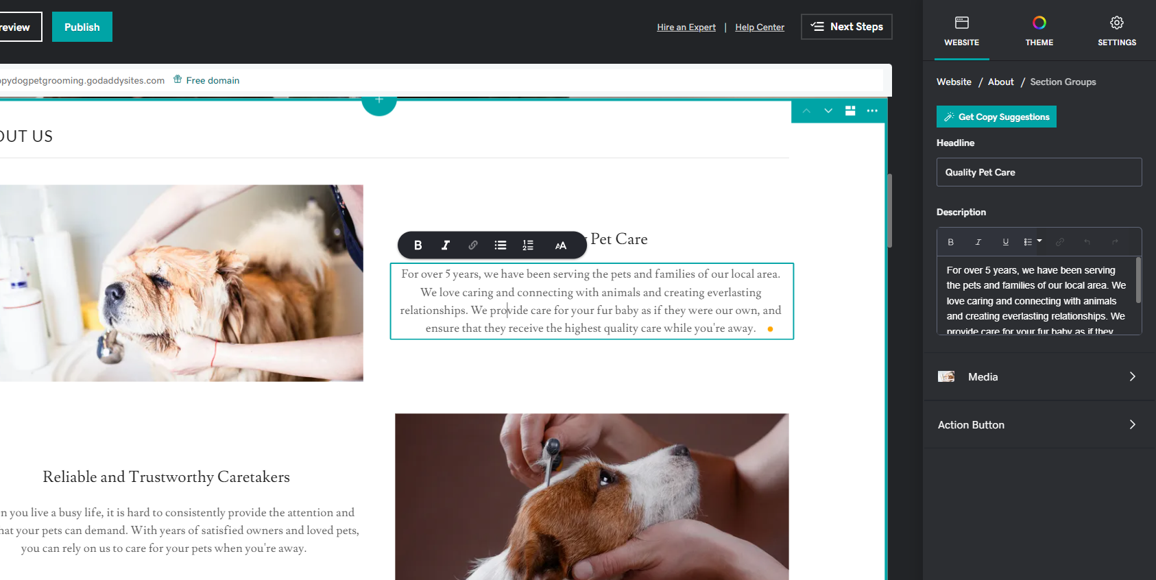GoDaddy text an website with photos of dogs getting baths next to a dakr menu with a text box
