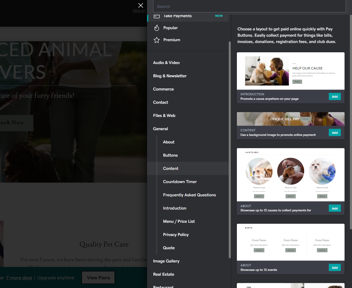 GoDaddy sections Al list of sections with a visual representation, all featuring dogs