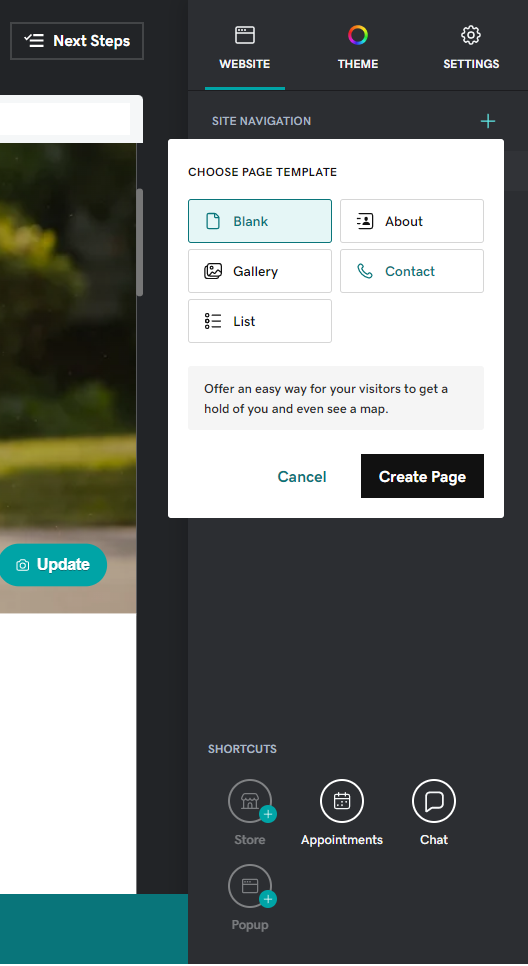 GoDaddy pages a white pop out menu with symbols for different ages against a dark background