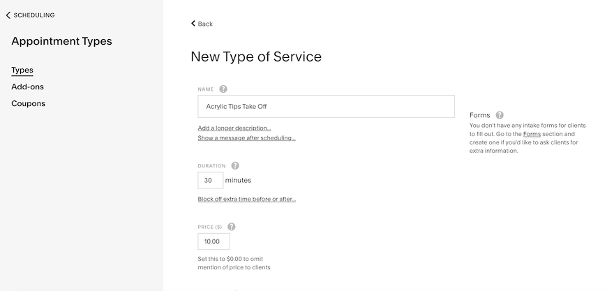 Acuity Add Service The “New Type of Service” page with empty fields where you can specify the name, duration, and price of your service.