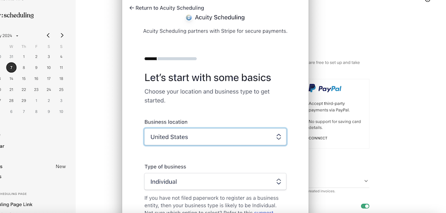Acuity Connect Stripe A popup with empty fields for users to populate in order to set up an integration with Stripe, the payment processor.