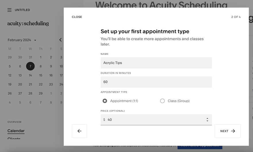Acuity Scheduling Add Appointment Type The Acuity Scheduling setup page with a white popup containing empty fields which users can populate with details of their appointment types.