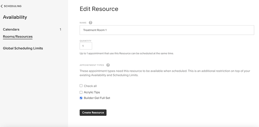 Acuity Scheduling Add Resource The “Resources” page showing different empty fields where you can add details of resources and select which Appointment Types they are related to.