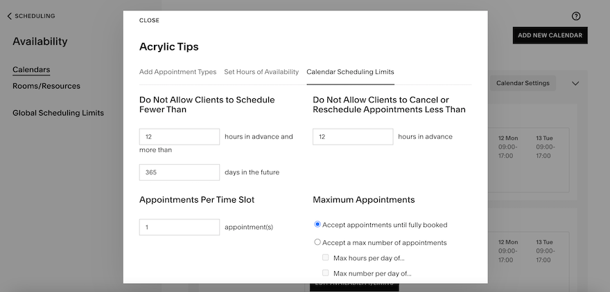 Acuity Scheduling Booking Limitations for Services A white popup showing the different scheduling limits that business owners can put in place, such as cancellation and booking timeframes.
