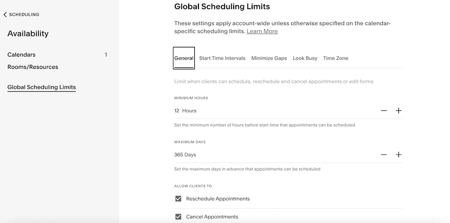 Acuity Scheduling Booking Limitations The “Global Scheduling Limits” page showing various fields to help you determine booking and cancellation rules for clients.