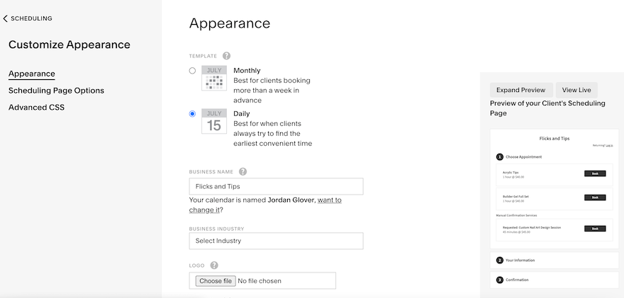 Acuity Scheduling Customization Acuity Scheduling “Appearance” page showing different customization options and a preview box on the right-hand side.