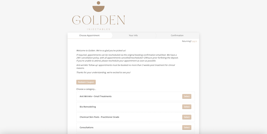 Acuity Scheduling Golden Injectables Golden Injectables booking page with various services listed with buttons for clients to select.