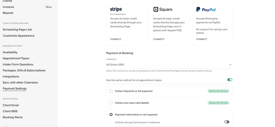 Acuity Scheduling Payment Options The Acuity “Payment Settings” page, displaying the three different payment processor integrations available, plus various payment rules we could implement.