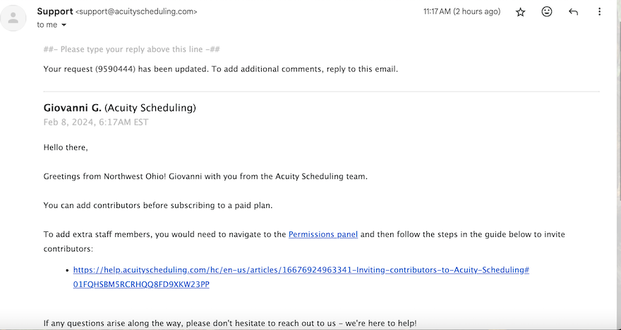 Acuity Support Response Email Response from Acuity Support, showing email with answer from Giovanni G.