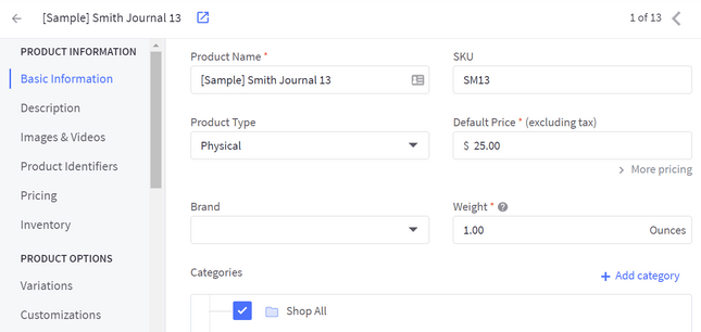 A form filling section in the BigCommerce dashboard for product information