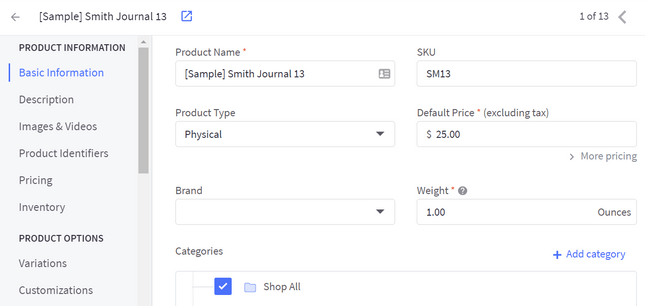adding products bigcommerce A form filling section in the BigCommerce dashboard for product information