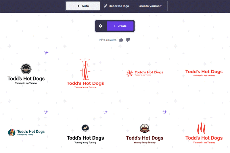 ai hostinger A grid of twelve hot dog logos in different styles
