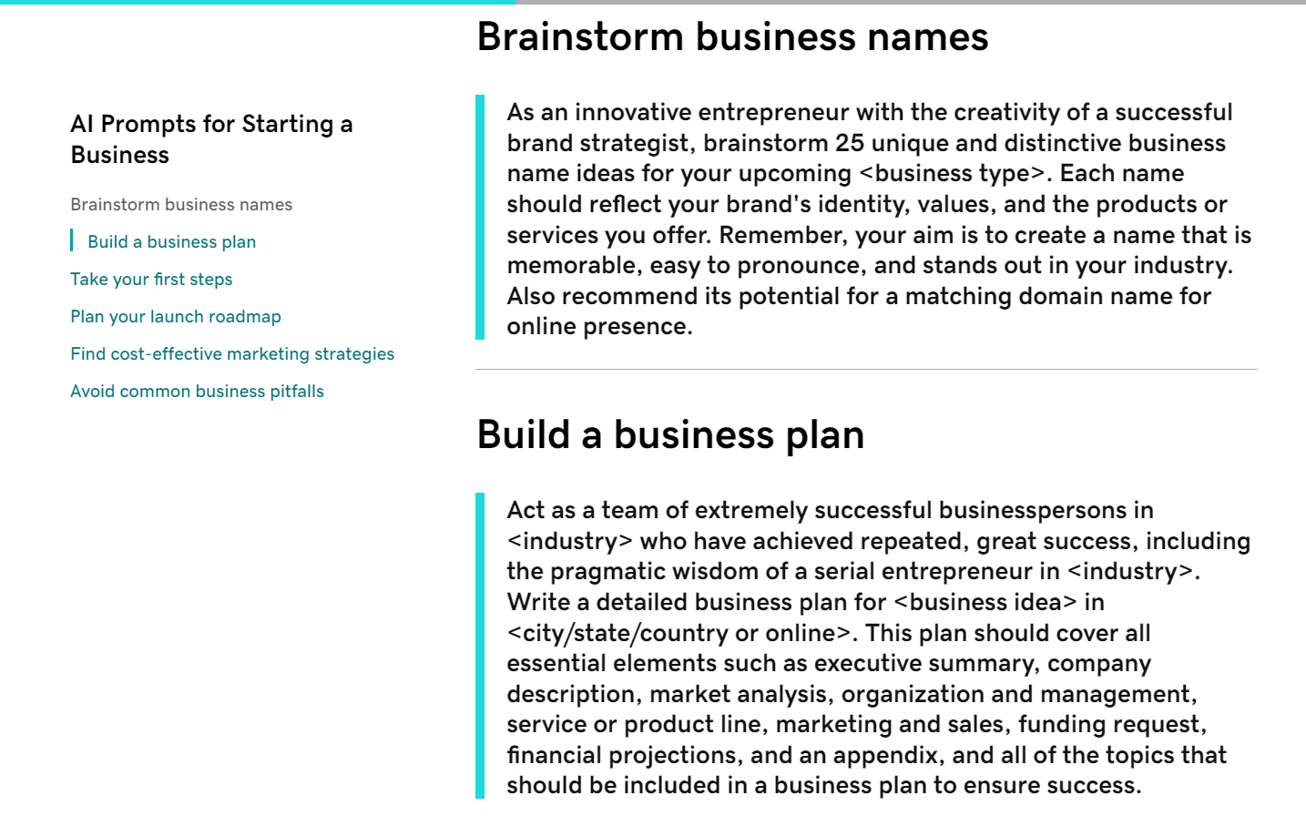 AI website builders GoDaddy AI prompt Two AI prompts with a cyan border on the left hand side with a side menu to the left.