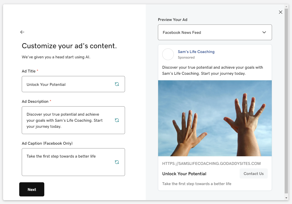 AI website builders GoDaddy digital ads A text box with prmpts next to a digital ad showing outstretched hands reaching to the sky