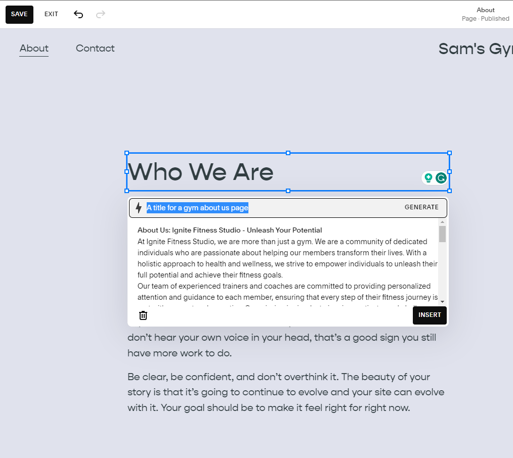 AI website builders squarespace text creator results a search bar on a grey background with a list of results