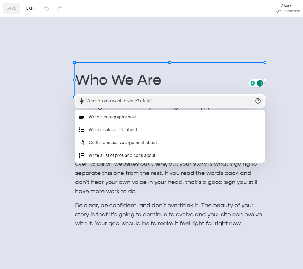 AI website builders squarespace text creator a search bar on a grey background with a list of results