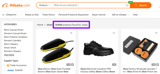 Shoes available for sourcing on Alibaba