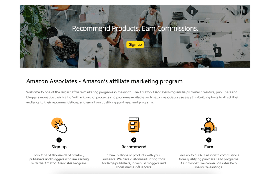 amazon affiliates program Amazon webpage with information on its affiliate program
