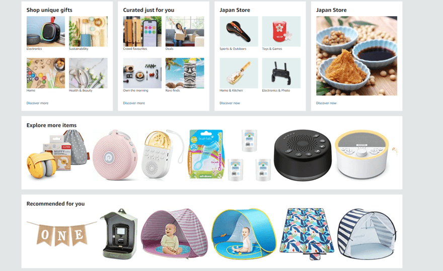Amazon AI Personalization The white-on-grey Amazon home screen with recommended products shown with corresponding product images