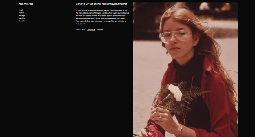 Archivo A new WordPress.com theme with a black background, small white text, and a large photographic image of a girl in glasses.