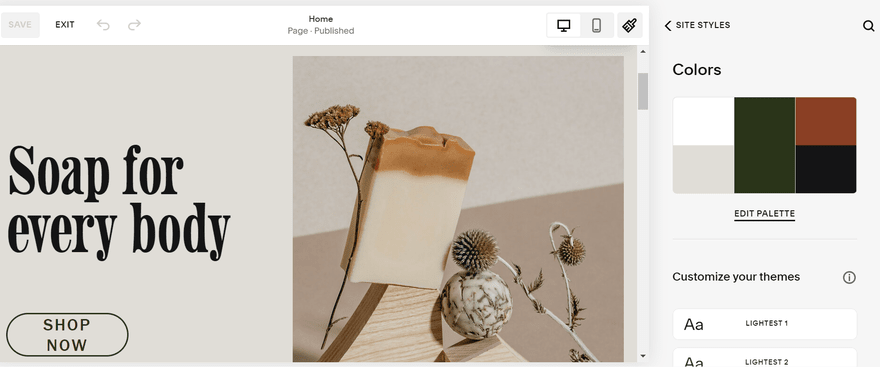 Artisan Bath Tubber color Image of a soap bar next to flowers and a menu for editing site style and color palettes