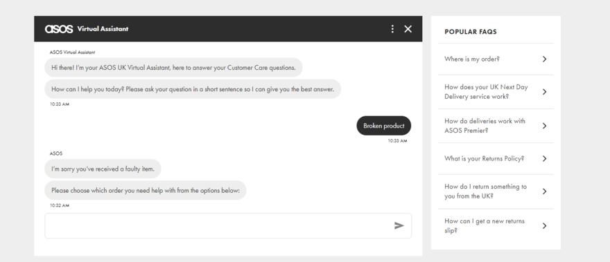 ASOS FAQ Chatbot ASOS Virtual assistant, showing a white chat screen with messages in black text. On the right is a list of FAQ links.
