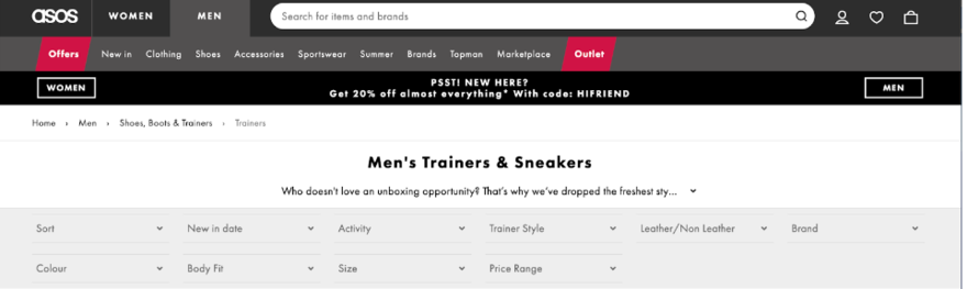 Asos A page on the website, Asos