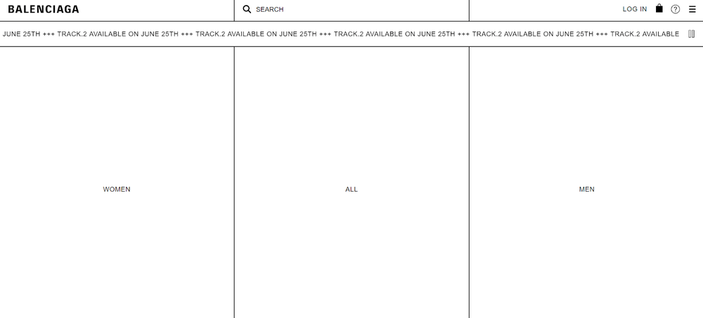balenciaga homepage Balenciaga homepage is three large white squares with category names "Women," "All" and "Men"