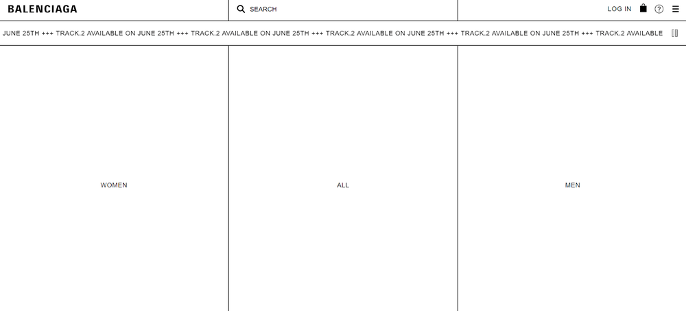 Balenciaga homepage is three large white squares with category names "Women," "All" and "Men"