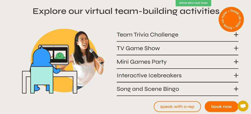 Bar None Games Trivia Website Website page explaining the different games with graphic of Lilian and little person on a computer
