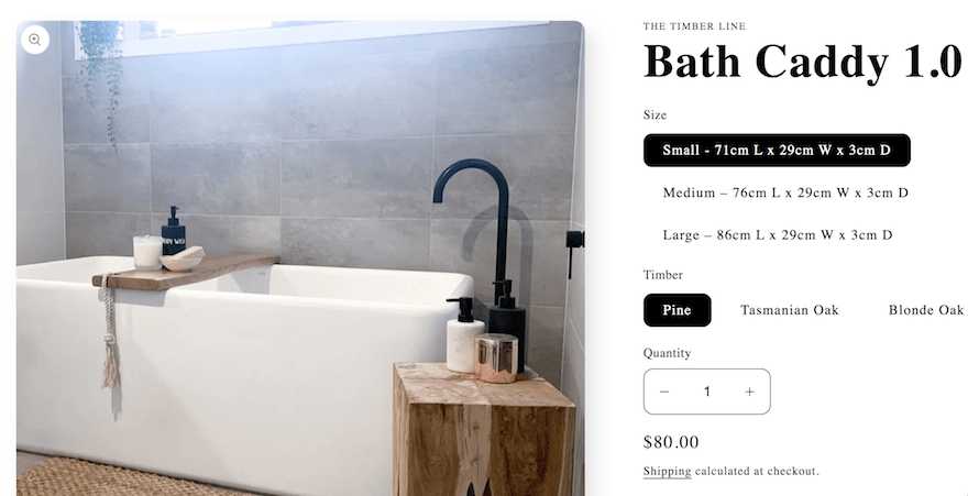 bath trays Wooden bath tray product page, featuring an image of it in situation (over a bath) and product information
