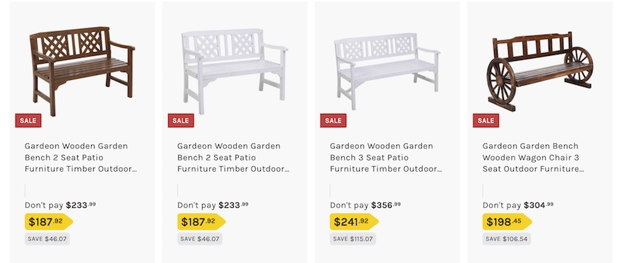 benches Four product photos of wooden benches for sale