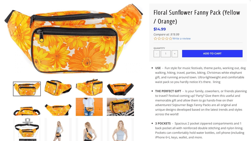 Print on demand fanny pack product page on Sojourner