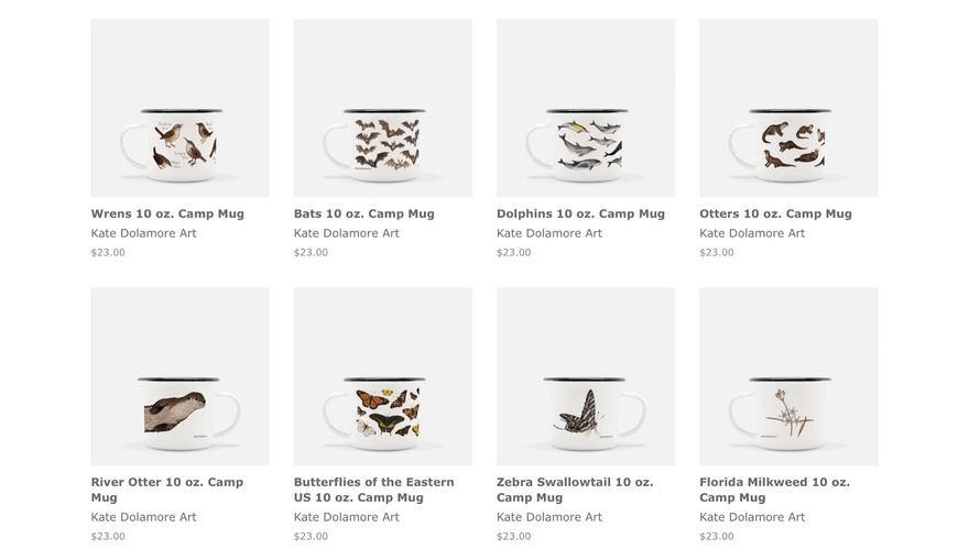 Gallery of camping mugs for sale on Kate Dolamore's website