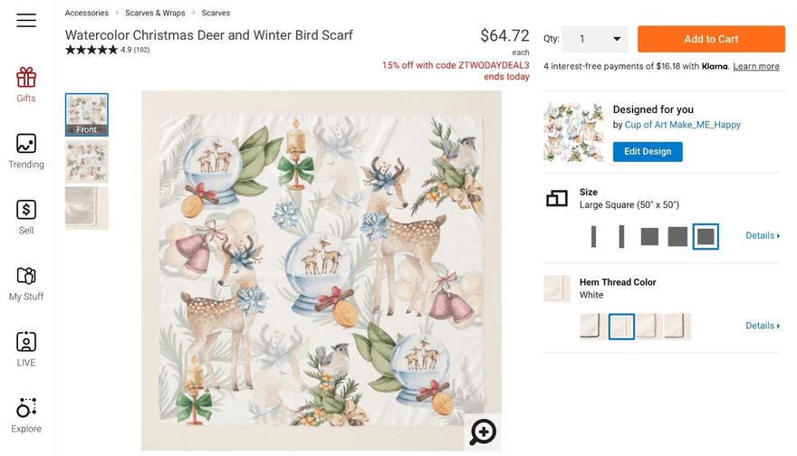Product page for print on demand scarf sold by Zazzle