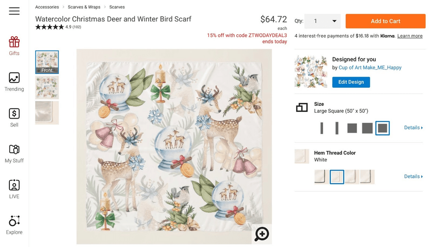 best selling print on demand scarves zazzle Product page for print on demand scarf sold by Zazzle