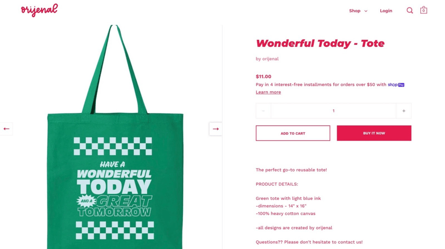 Print on demand tote bag product page on Orijenal website