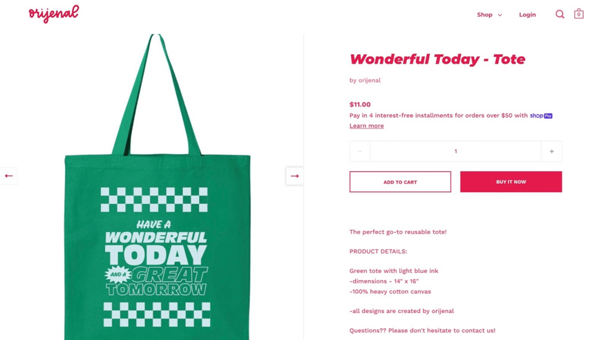 best selling print on demand tote bags Print on demand tote bag product page on Orijenal website