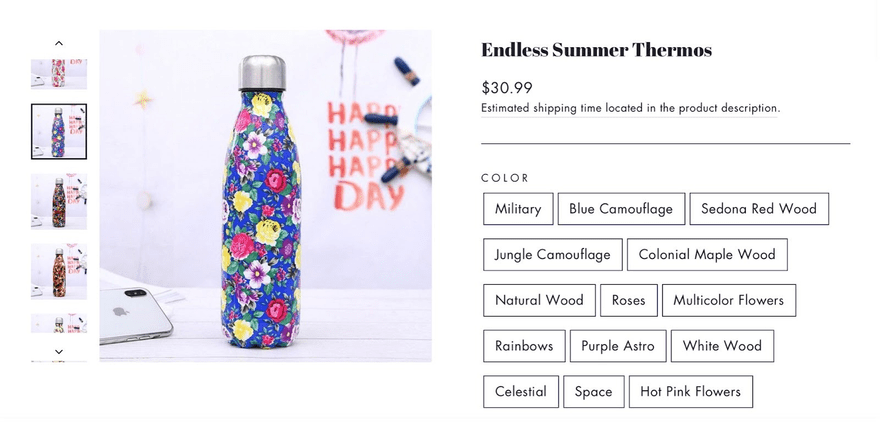 Print on demand water bottle product page sold by Tropical Boulevard