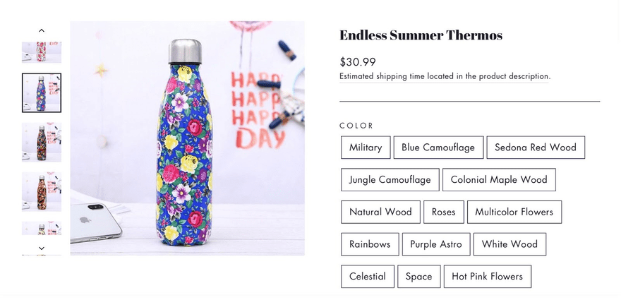 best selling print on demand water bottles tropical boulevard Print on demand water bottle product page sold by Tropical Boulevard