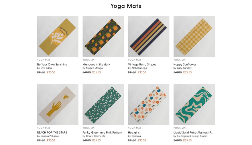 Grid of print on demand yoga mats for sale on Society6