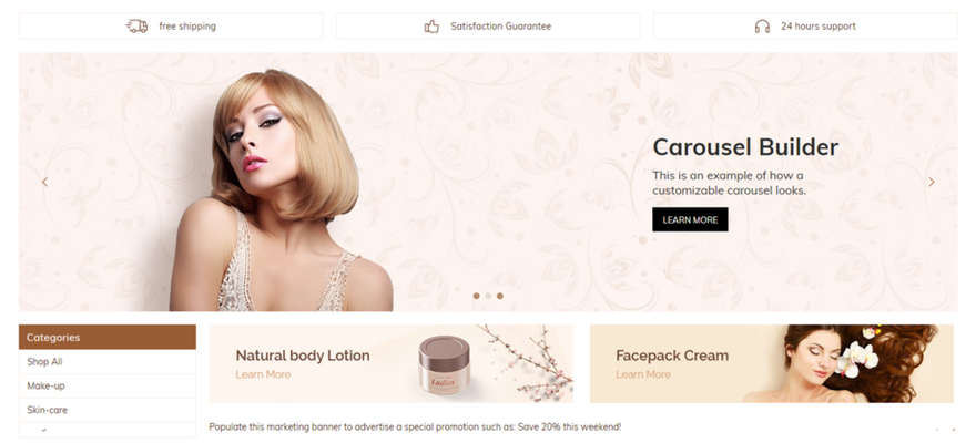 a makeup website featuring a model in a promotional banner showcasing the theme and items underneath