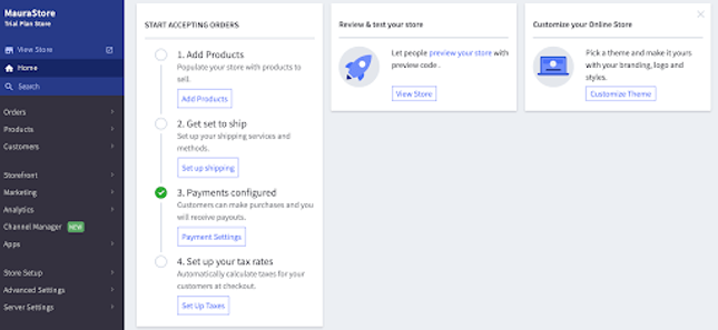 bigcommerce dashboard bigcommerce's user dashboard, with progress graph and two tips with blue icons