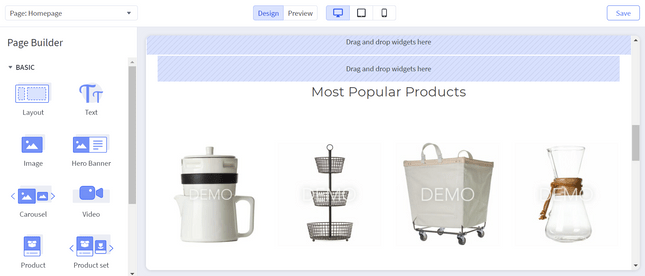 bigcommerce page design screenshot of the bigcommeerce dashboard showing a product selection of home items with a infographic side menu to the left